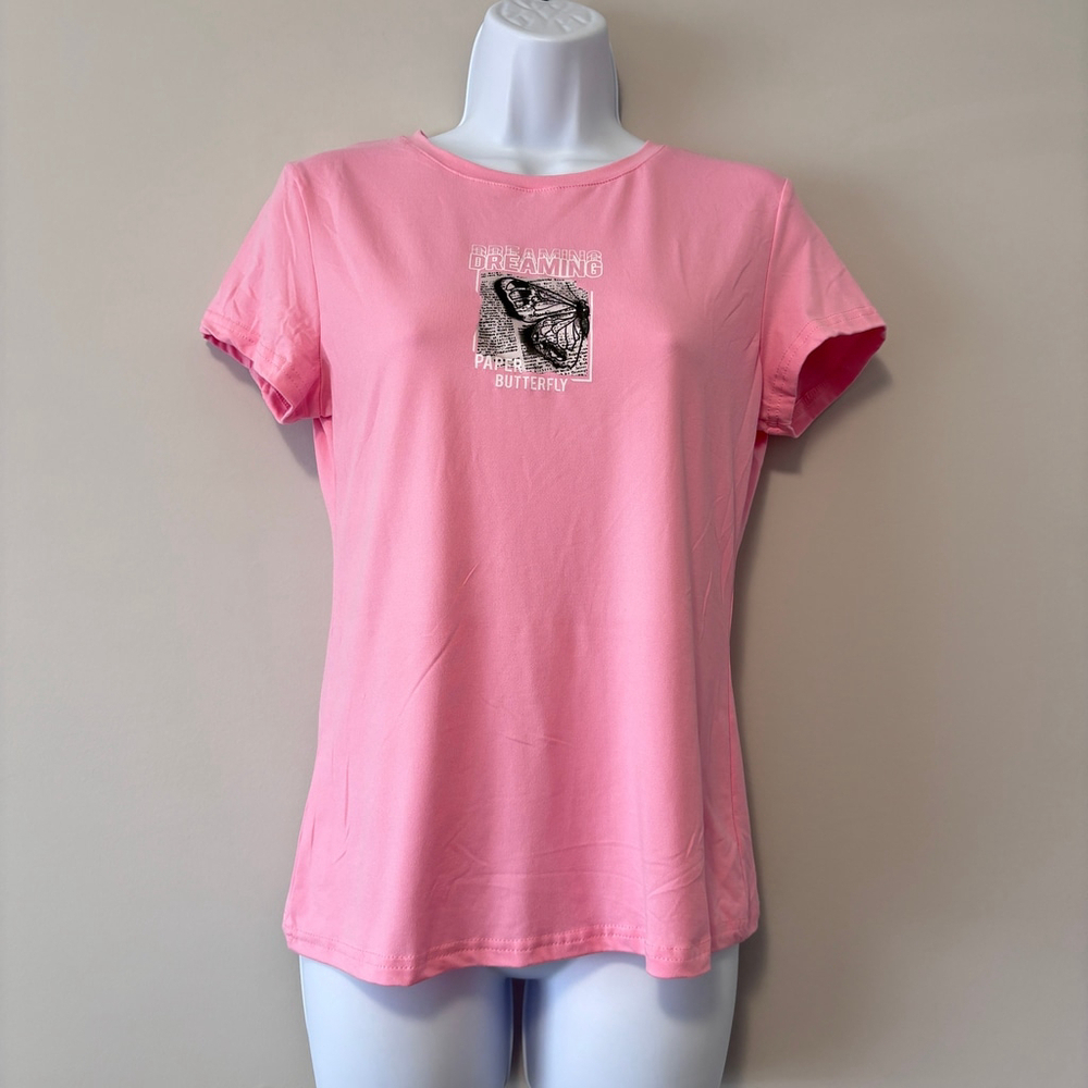 Shein Women's Size Large Light Pink T-Shirt w/ Dreaming Butterfly Graphic NIB